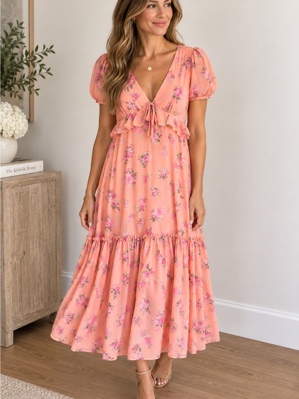 LoveShackFancy for Target Peach Floral V-Neck Tie-Front Maxi Dress